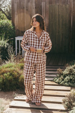 Snooze long sleeve linen pajama set in Mocha Gingham from AmourLinen