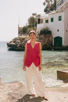 Blanca sleeveless linen wrap top in Viva Magenta via AmourLinen