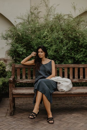 Jakarta long linen dress in Charcoal from AmourLinen