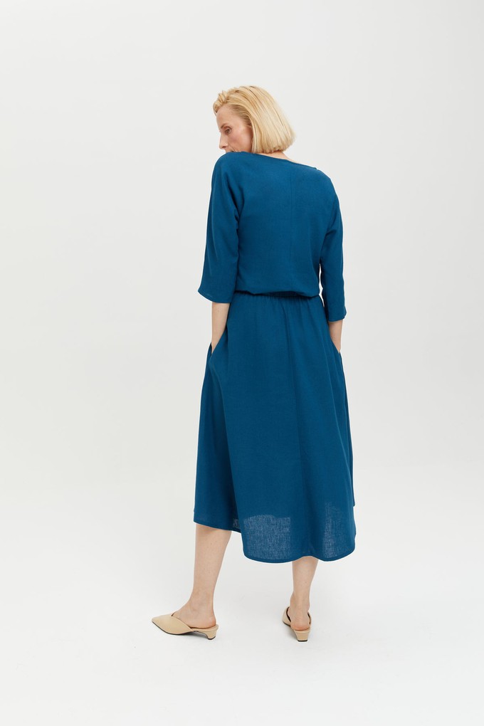 Nane | Linen Dress with 3/4 Sleeves in Petrol-Blue from AYANI