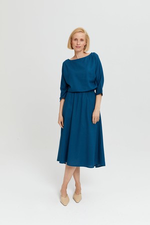 Nane | Linen Dress with 3/4 Sleeves in Petrol-Blue from AYANI