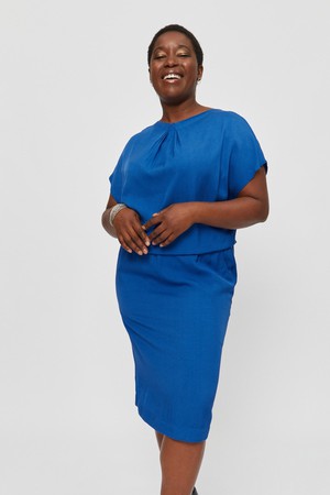 Amy | Midi Dress with Pencil Skirt and Neckline Detail in Classic Blue from AYANI