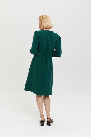 Sophie | Classy Wrap Dress with Puff Sleeves and Tie Waist in Forest Green from AYANI