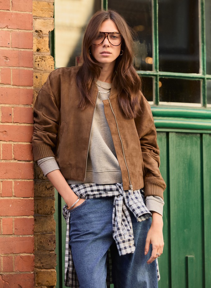 Alexis Suede Cropped Bomber Jacket from Baukjen