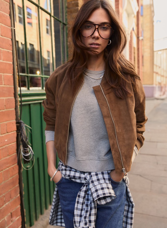 Alexis Suede Cropped Bomber Jacket from Baukjen