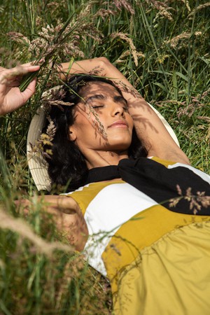 Rory-Sue Organic Cotton Jumpsuit in Olive and White Bold Stripe from Beaumont Organic