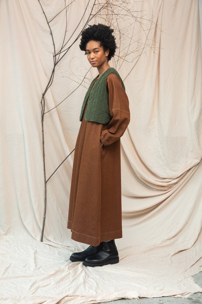 Gale-Leigh Recycled Cotton Denim Dress in Bark Brown from Beaumont Organic