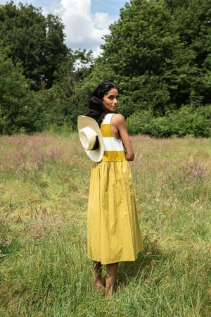 Rory-Sue Organic Cotton Jumpsuit in Olive and White Bold Stripe from Beaumont Organic