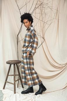Evora-Cay Recycled Cotton Blend Brushed Twill Check Trousers in Tan Check via Beaumont Organic