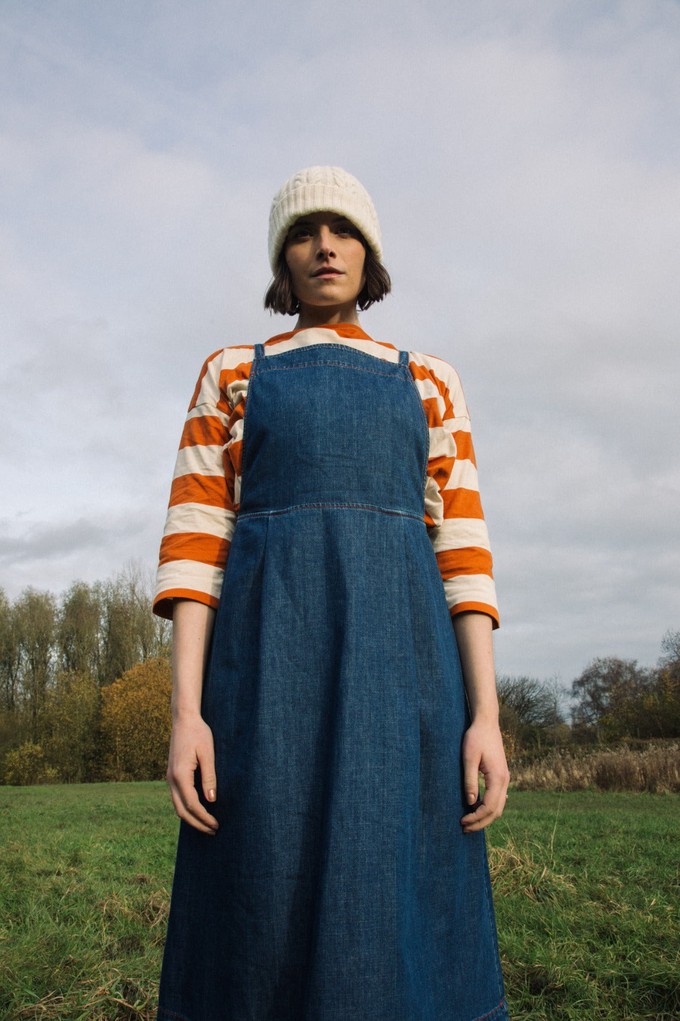 Katana-Leigh Organic Cotton Pinafore Denim Dress in Mid Blue Sample from Beaumont Organic