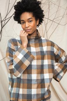 Ula-Cay Recycled Cotton Blend Brushed Twill Check Top in Tan Check via Beaumont Organic