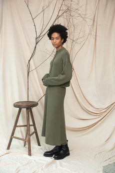Mio Organic Cotton Knitted Skirt in Soft Khaki via Beaumont Organic
