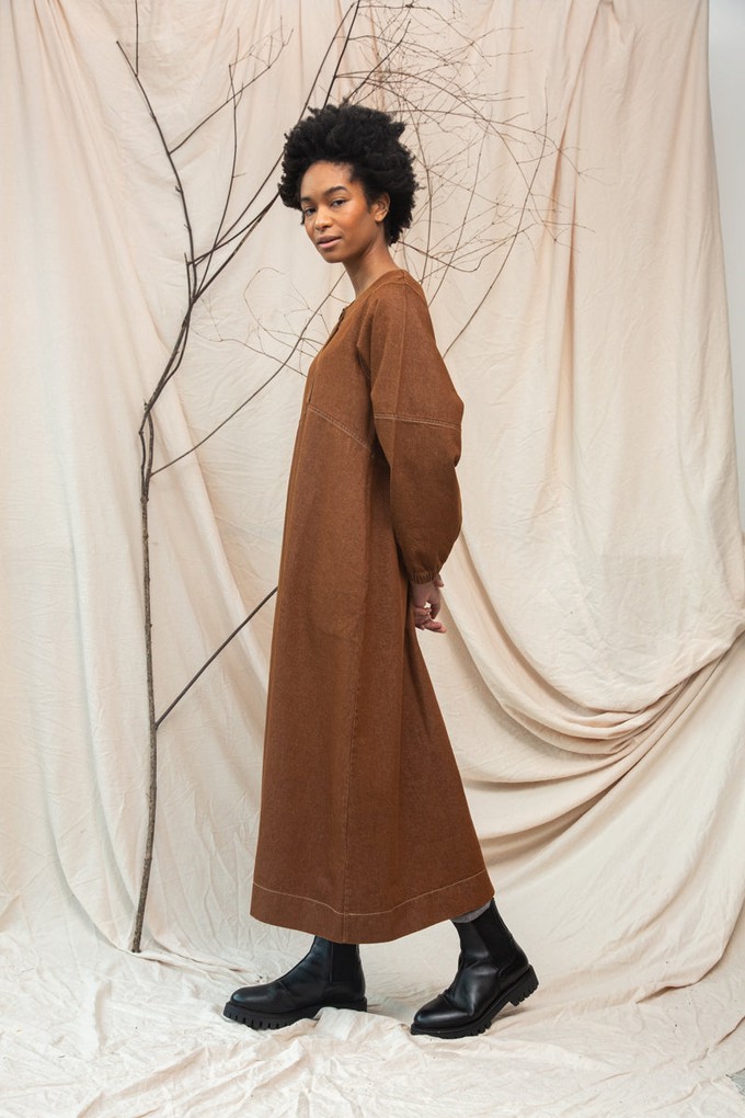 Gale-Leigh Recycled Cotton Denim Dress in Bark Brown from Beaumont Organic