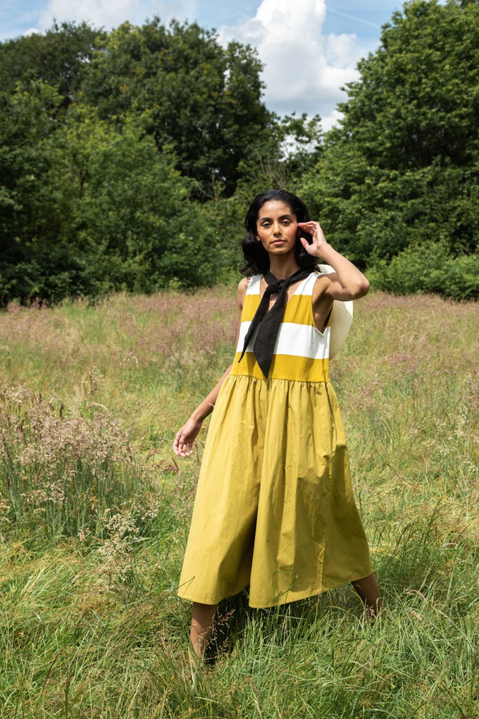 Rory-Sue Organic Cotton Jumpsuit in Olive and White Bold Stripe from Beaumont Organic