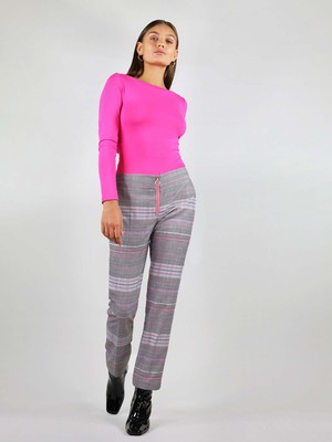 Revivify Straight Suit Trousers, Upcycled Polyester, in Grey & Pink Checker from blondegonerogue