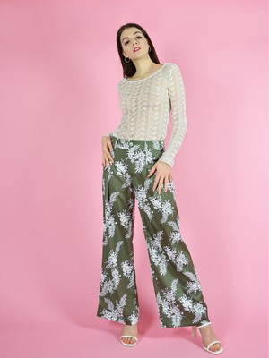 Girlboss Wide Leg Trousers, Upcycled Polyester, in Green & White Print from blondegonerogue