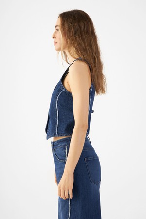 ASTRA Minimal Stretch - fitted frayed denim vest - Dark Blue from DAWN Denim