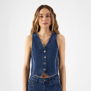 ASTRA Minimal Stretch - fitted frayed denim vest - Dark Blue from DAWN Denim
