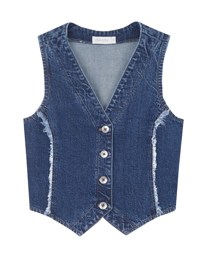 ASTRA Minimal Stretch - fitted frayed denim vest - Dark Blue from DAWN Denim