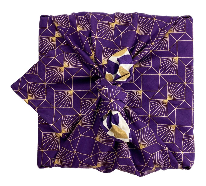 Furoshiki Gift Wrap - 3 Pack (Sizes S, M & L) Double Sided Bundle - Plum Diamonds & Gold Moons from FabRap