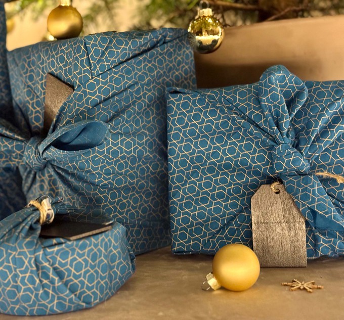 Furoshiki Gift Wrap - 3 Pack (Sizes Small, Medium & Large) Single Sided Bundle - Ocean Blue with Gold from FabRap