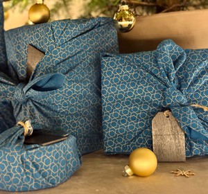 Furoshiki Gift Wrap - 3 Pack (Sizes Small, Medium & Large) Single Sided Bundle - Ocean Blue with Gold from FabRap