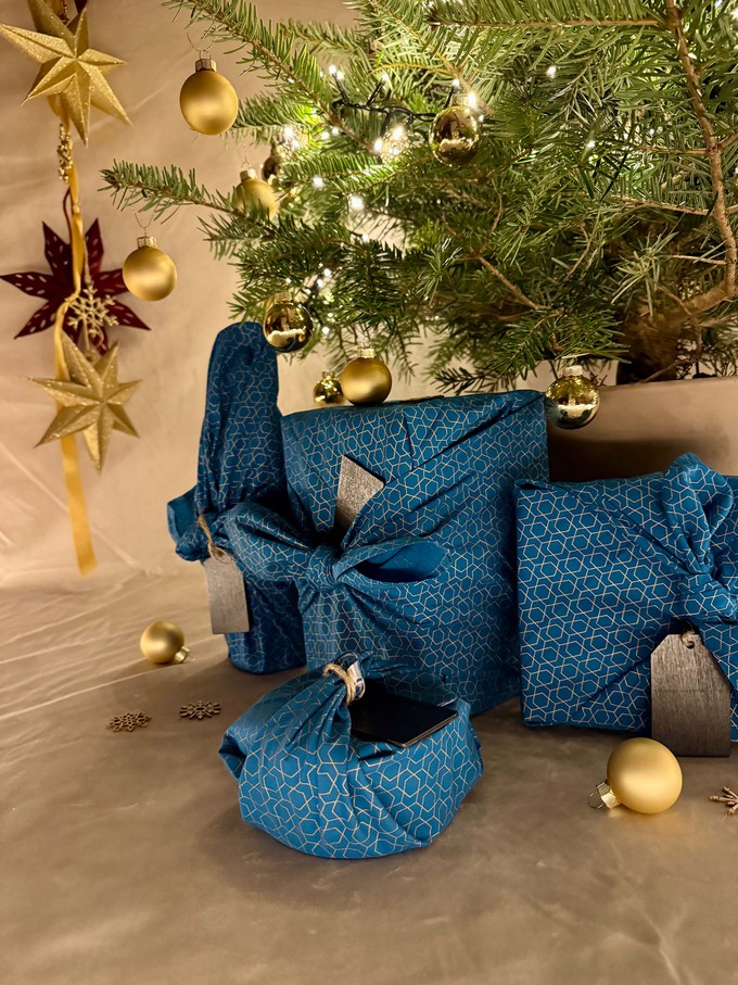 Furoshiki Gift Wrap - 3 Pack (Sizes Small, Medium & Large) Single Sided Bundle - Ocean Blue with Gold from FabRap