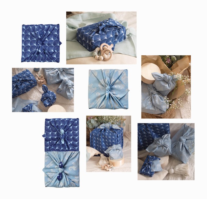 Furoshiki Gift Wrap - 3 Pack (Sizes S, M & L) Double Sided Bundle - Sky & Indigo Fans from FabRap