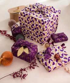 Furoshiki Gift Wrap - 9 Piece Gold Moons & Plum Diamonds Bundle Fabric Gift Wrap via FabRap