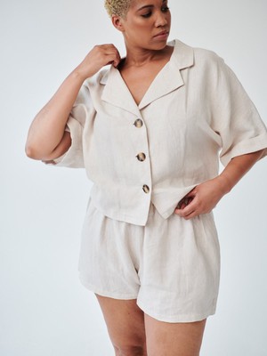 Ethically Made Beige Linen Lounge Co-ord Short Set from Fanfare Label