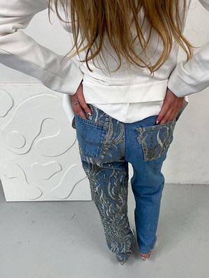 Rita High Waisted Organic Mom Fit Sparkle Jeans in Silver from Fanfare Label