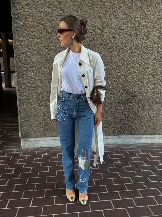 Embroidered & Patchwork Upcycled Jeans in Blue Denim - Sizes 24 & 26 from Fanfare Label