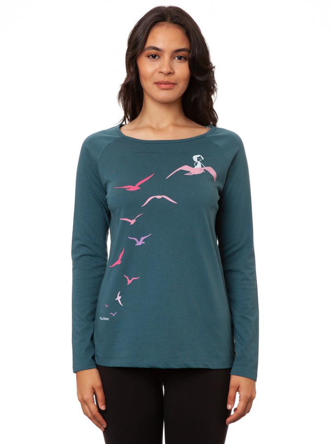 Raglan Longsleeve Möwenflug atlantic teal from FellHerz T-Shirts - bio, fair & vegan