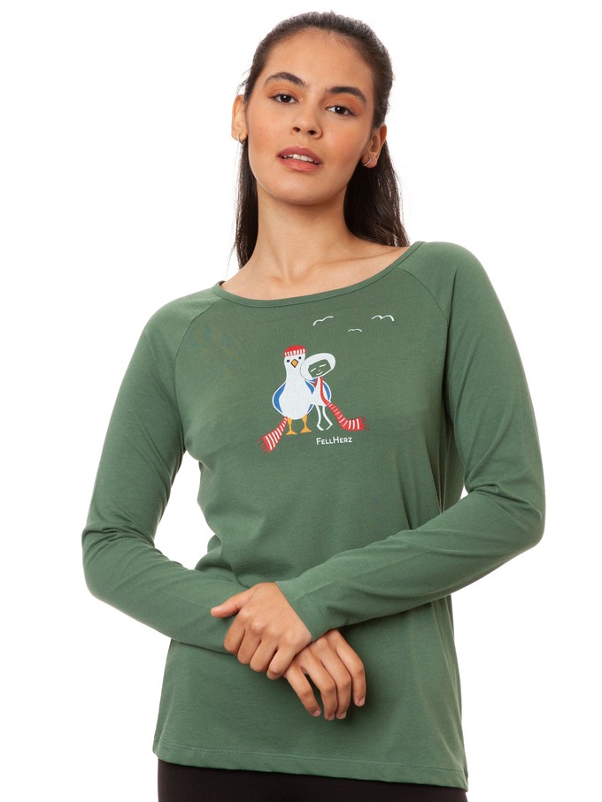 Raglan Longsleeve Möwen-Liebe ivy green from FellHerz T-Shirts - bio, fair & vegan
