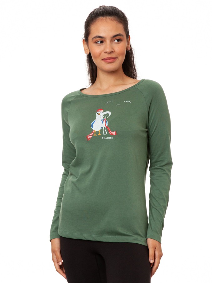 Raglan Longsleeve Möwen-Liebe ivy green from FellHerz T-Shirts - bio, fair & vegan