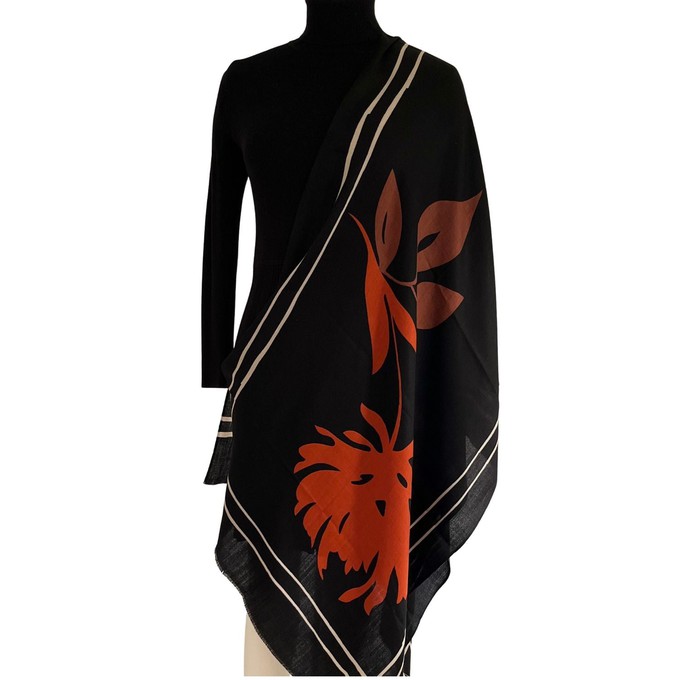 Hand-Painted Black Rust Floral Wool-Silk Scarf from Heritage Moda