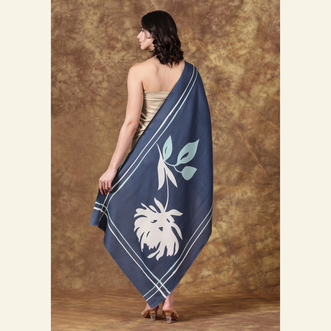 Luxury Wool-Silk Scarf – Hand-Painted Midnight Blue with Pastel Floral Print from Heritage Moda