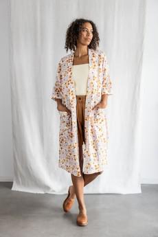 Organic Cotton Cardigan Rohana Blockprint Flowers via Jyoti - Fair Works