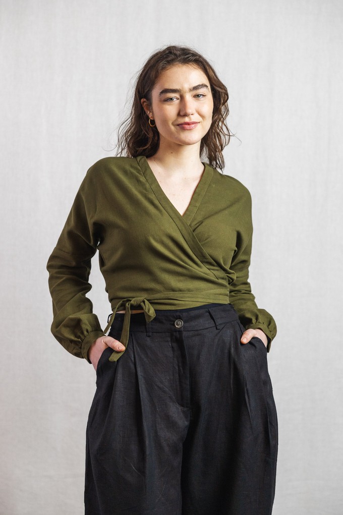 Cotton wrap blouse Harita moss green from Jyoti - Fair Works