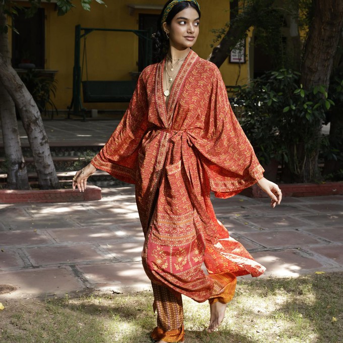 If Saris Could Talk Maxi Kimono- Autumn Leaves from Loft & Daughter