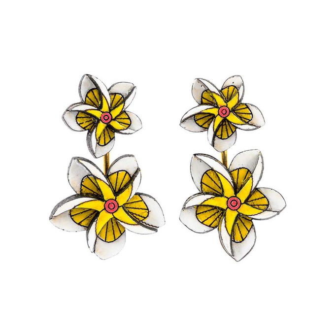 Paguro Upcycle Reclaimed Wood Earrings - Yellow Floral Kamboja Frangipani from Paguro Upcycle
