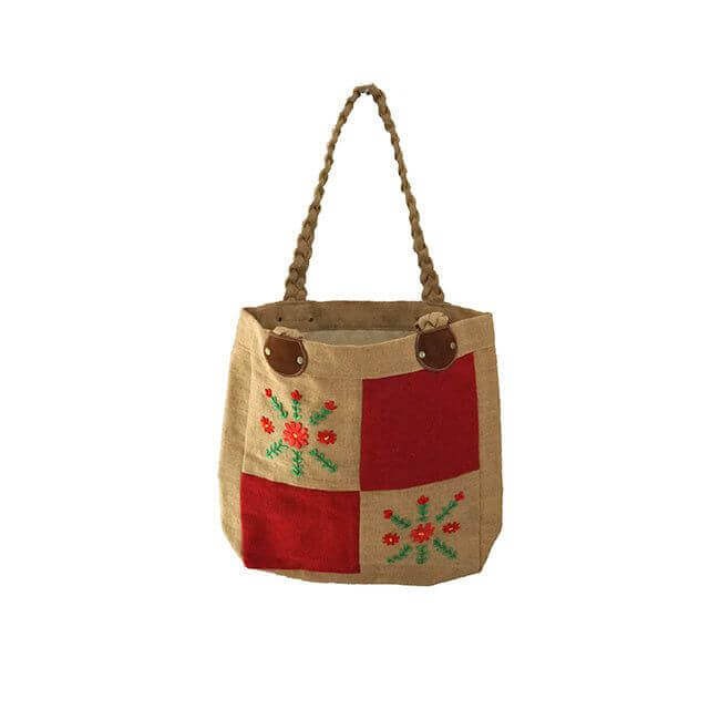 Jute Bag Red Flowers - Natural Jute - Handmade and Fairtrade from Quetzal Artisan