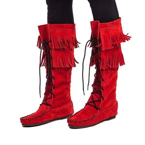 Fringed Red Boots - Handmade Native Canadian Suede Mukluks from Quetzal Artisan