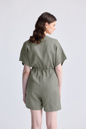 V neck Drawstring Romper in Dark Green from Reistor