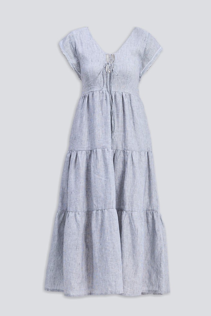 Maxi Tired Dress with Front-ties in Linen Stripes from Reistor