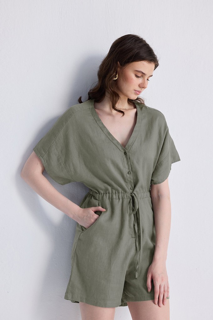 V neck Drawstring Romper in Dark Green from Reistor
