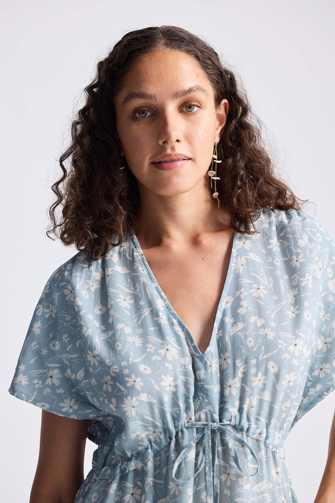 Gathered Maxi Dress in Light Blue Florals from Reistor Gathered Maxi Dress in Light Blue Florals from Reistor