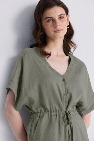 V neck Drawstring Romper in Dark Green from Reistor