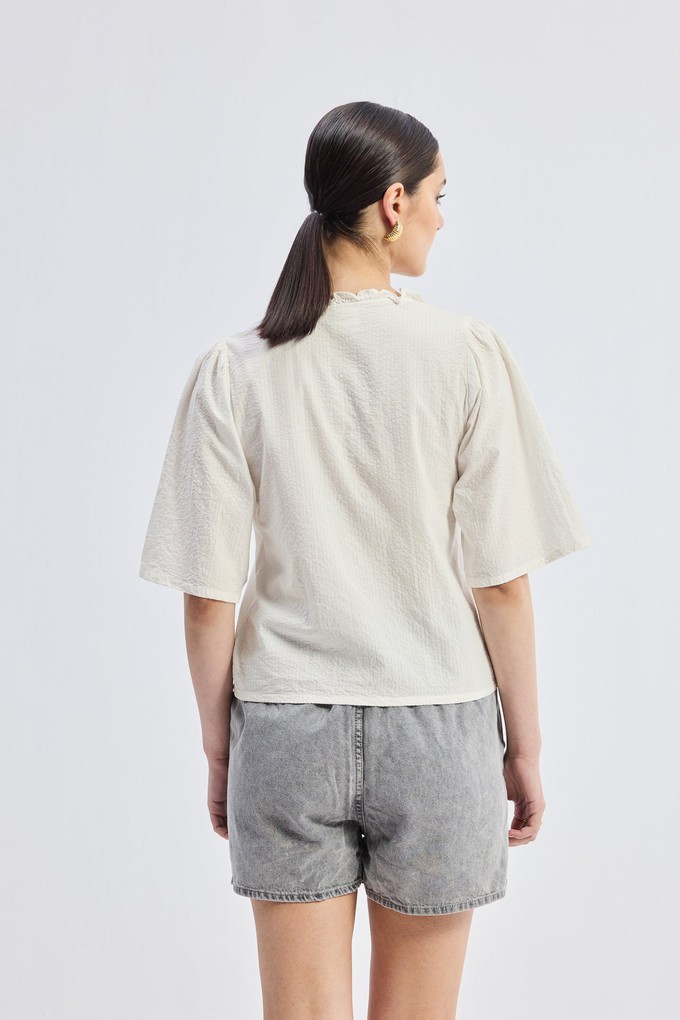 Relaxed Fit Top With Ruffles and Front-Ties in Cream from Reistor