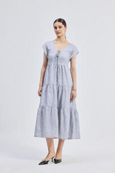 Maxi Tired Dress with Front-ties in Linen Stripes via Reistor